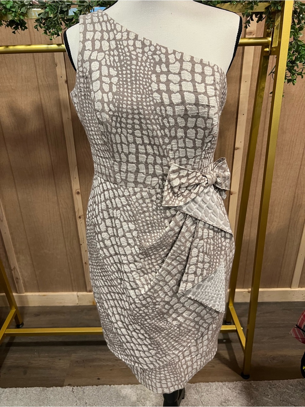 One-Shoulder Taupe and Cream Patterned Sheath Dress with Side Bow